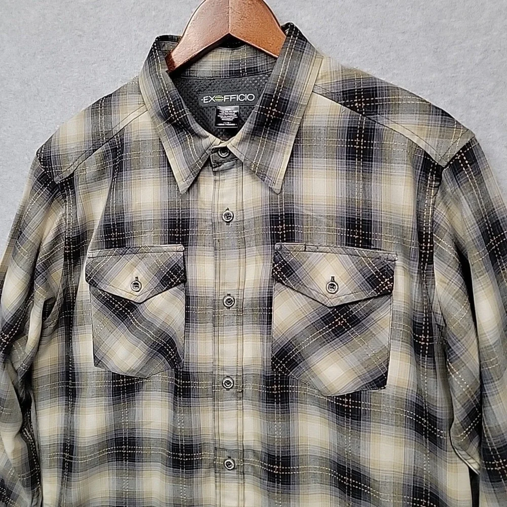 ExOfficio Travel Wear Shirt Mens Large Tan Plaid Long Sleeve Fishing Hiking